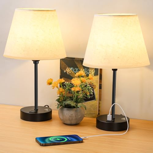 Bedside Lamps Set of 2 Nightstand Lamps with USB Charging Ports (No Bulb) | Small Desk Lamps with Line Lampshade, Weighted Metal Base & E27 Bulb Base, Push Button Switch, for Living Room, Bedroom