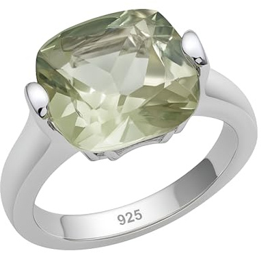 Sophia Rose Jewellery Anillo de amatista verde con corte cojín - Joyería de plata de ley 925 - Elegante anillo de cóctel con piedra preciosa facetada (US Size 9 / Diameter 19)