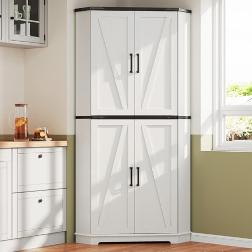 Dripex 71 Corner Cabinet White, Farmhouse Kitchen Pantry Cabinet with Doors Storage & Adjustable Shelves, Tall Corner Storage Cabinet with LED Light, Food Pantry for Living Room, Dining Room