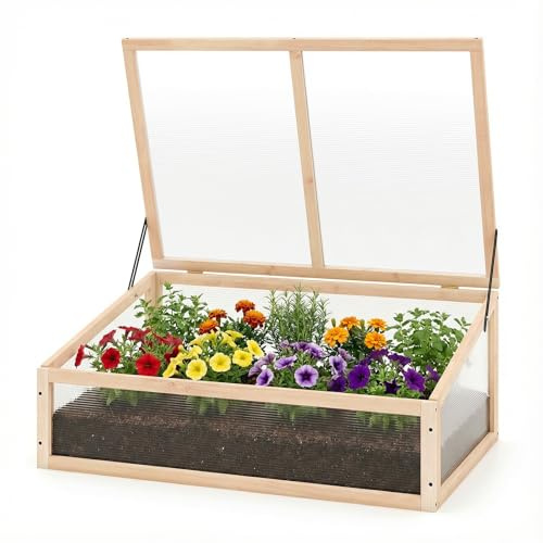 COSTWAY Invernadero de Madera de Abeto, Cubierta PVC, Protección Portátil para Macetas Elevadas con Techo Transparente Abatible, Pequeño Invernadero Interior y Exterior para Jardín, Balcón (Natural)