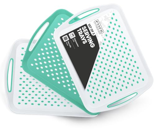 Essen 3-Pack Serving Tray Set – Non-Slip Lap Boards with Grip Handles, Ideal for Food Prep, Tea, Breakfast in Bed – Plastic Tray for Stable Dining – Dishwasher Safe (Green/White)