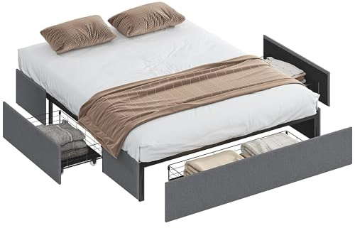 HOMCOM Struttura Letto Matrimoniale 165x193 cm, Letto Matrimoniale Imbottito con 3 Cassetti, Rete a Doghe in Legno, Senza Materasso, Silenzioso, Altezza 30 cm, Grigio