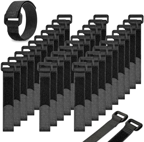 AIRUEEK 30 Bridas Reutilizables de Nailon con Hebilla, 20cm x 20mm Correas de Cable Ajustables Gancho y Bucle para Gestión de Cables PC y TV - Negro