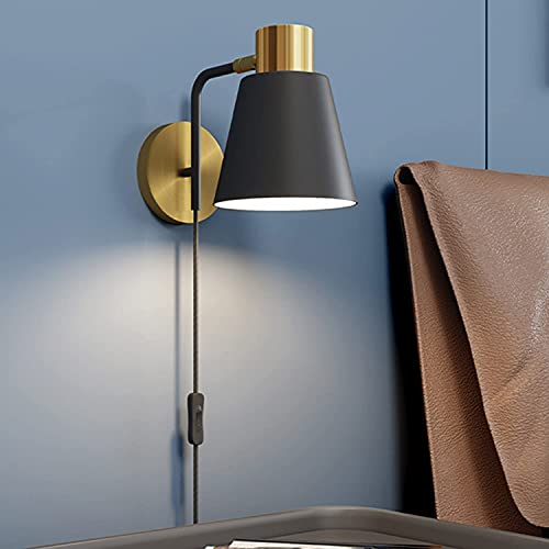 Vintage Wandleuchte mit Schalter, Industrial Wandlampe Nachttischlampe Wand-Leselampe mit Kabel Stecker, Verstellbare Schwarz Metall Schirm E27 Retro-Innenbeleuchtung für Schlafzimmer Wohnzimmer Flur