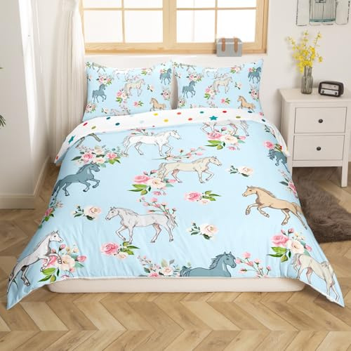 Horse Duvet Cover Twin Size, Farmhouse Western Cowboy Cowgirls Bed Sets for Kids Boys Girls Teens, Cartoon Kawaii Horse Comforter Cover Bedroom Decor, Rustic Rose Floral Bedding Set + 1 Pillow Case