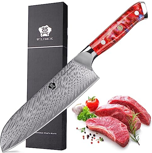WILDMOK Couteau de chef de 17.8cm, couteau de chef japonais Santoku professionnel VG 10 en acier de Damas, couteaux Santoku avec manche ergonomique en résine pleine soie