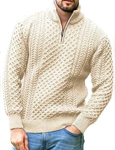 Vinsekep Men's Irish Fisherman Sweaters Cable Knit Half Zip Jacquard Pullover Sweater Beige