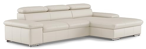 CAVADORE Leder-Ecksofa Valerie mit XL-Longchair / Eckcouch mit Kopfteilverstellung, großem Longchair + Metallfüßen / 286 x 73 x 174 / Echtleder Weiß