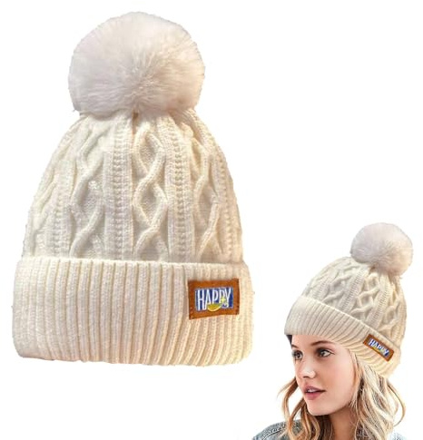 Bonnet D'hiver à Pompon pour Femme, Chapeau Hiver Femme, D'hiver Bonnet Tricoté, Casquette Blanche Femme Hiver, Crochet à Tricoter Bonnet, Bonnet Hiver avec Doublure en Polaire Chaude, Cadeaux de Noël