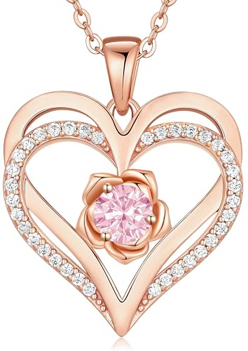 CDE Collana Donna Cuore Rosa Pietra di Nascita,Romantico Gioielli per Lei,Aregento 925 Oro Rosa Elegante Regalo Anniversario di Compleanno Natale per Fidanzata,Moglie,Amica,Mamma,Figlie