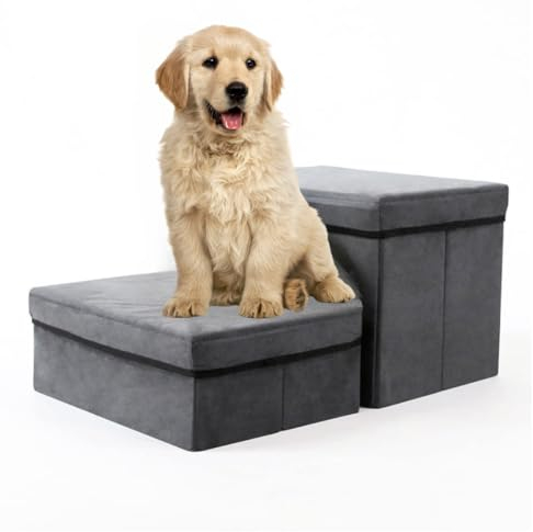 Little Bean Hundetreppe 3 Stufen Kleine Faltbare Hundetreppe mit 3 Aufbewahrungsboxen Haustierleiter für Hochbett & Sofa Grau (2 Stufen)