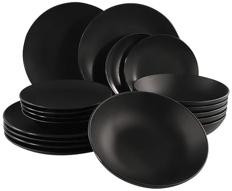 Vajilla de porcelana en color negro mate, 18 piezas, juego de vajilla para 6 personas, plato hondo, plato hondo, vajilla pequeña, grande, apto para lavavajillas