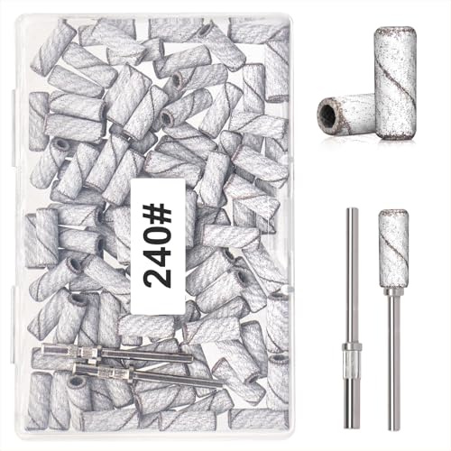 100 piezas de bandas de lijado pequeñas de grano 240 para taladro de uñas con 2 piezas de brocas de mandril mejoradas de 3/32'', mini bandas de lijado para taladro de uñas para manicura, salón de uñas