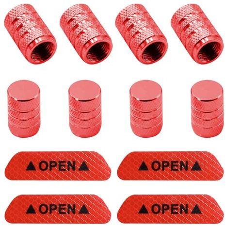 8 tapas de válvulas, 1 juego de pegatinas reflectantes, tapones antipolvo para coche, accesorios rojos, tapas de polvo para bicicleta, cubiertas de neumáticos de coche