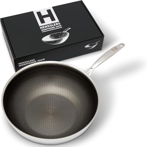HENSSLERS® Wokpfanne 30cm aus Edelstahl & Aluminium - Hochwertige Wok-Pfanne für alle Herdarten inkl. Induktion - Kratzfest & Robust - Beschichtet