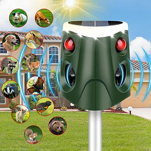 Répulsif Chat Solaire, Répulsif Animaux à Ultrasons à 360° Repulsif Chat Extérieur, Étanche IP55, Répulsif Renard à 4 Modes Réglables à Lumières Clignotantes pour écureuil/Chien/Lapin pour Jardin