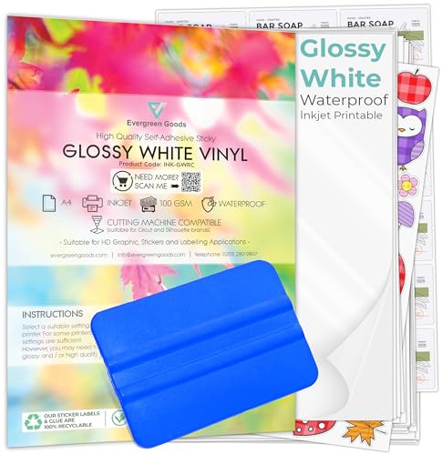 Evergreen Goods 100 A4 Matte White Printable Sticker Paper Vinyl with Squeegee | Inkjet Laser Waterproof Sheets - Blank Self Adhesive Vinyl | Make Your Own Stickers & Product Labels Cutters