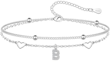 Hcvone S925 Bracelets for Women Girls Silver Heart Initial A-Z Bracelet Layered Bead Bracelets Jewellery For Friends Mum Daughter Sister (B)