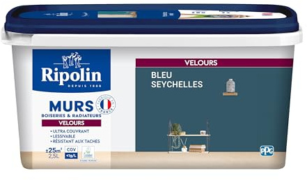 RIPOLIN - Peinture Intérieure Multi-Supports – Murs, Boiseries & Radiateurs – Ultra couvrante - Monocouche - Confort d'application - Aspect Velours - Bleu Seychelles - 2,5L