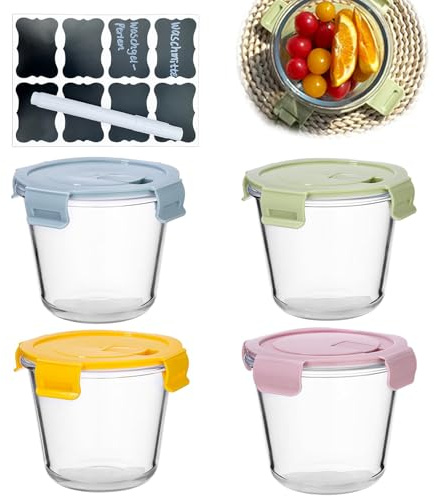 Recipiente de Cristal con Tapa, 4 Recipientes para Sopa, Recipientes de Vidrio de 720 ml para Almacenamiento de Alimentos, recipientes Redondos de Vidrio para Alimentos Set, Lavavajillas, Microondas