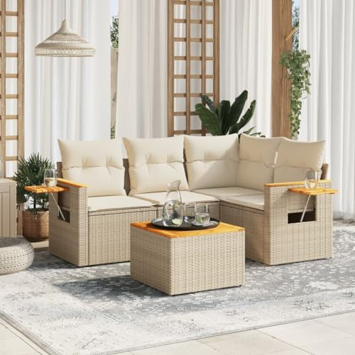 Qnhdfrt Set di 5 divani da giardino, in rattan sintetico, con tavolo pieghevole, spazio e cuscino, beige, per terrazza, balcone, giardino