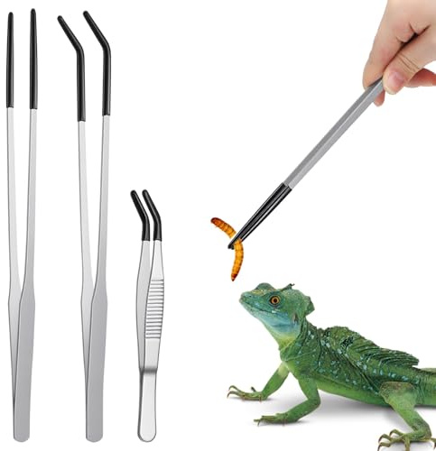 SHENLIU 3Pcs Reptile Feeding Tongs, Long Aquarium Tweezers, 10.6 Extra Long Stainless Steel Feeder Tweezers with Rubber Tip Straight Curved Feeding Tongs Terrarium Feeder Tools for Tank Fish Lizards