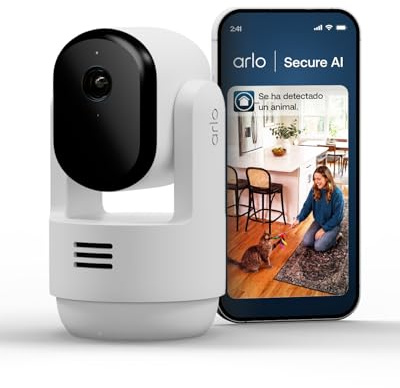 Arlo Essential 3 Indoor PTZ, 2K HD WiFi-övervakningskamera för inomhusbruk, AI-detektering, färgnattvision, kompatibel med Alexa, med objektivslutar, Secure-test ingår, 1 kamera