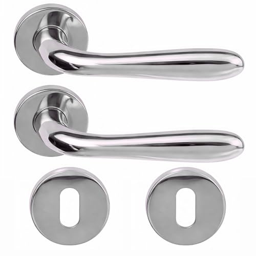 DACAN PROTECTION Maniglie Porte Interne in Alluminio con Rosetta 45 mm, Set Completo con Accessori per Porte Legno Bagno Camera Ufficio, Facile da Installare (Cromo Satinato)