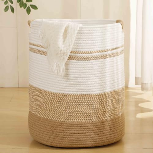 Grande Panier à linge, Corbeilles à linge pour bébé, Panier en corde de coton tressée de 57L pour couvertures, rangement pour le salon, corbeille à vêtements sales, panier haut