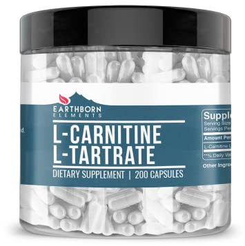 Earthborn Elements L-Carnitine Tartrate, 200 Capsules, No Magnesium or Rice Fillers, No Additives, Gluten-Free, Undiluted