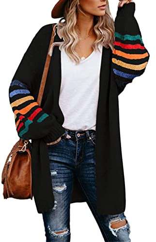 AlvaQ Women's Cardigans Long Sleeve Open Front Rainbow Striped Color Block Loose Casual Womens Oversized Cardigan Ladies Long Lightweight Knit Outwear Coat Jacket Sweaters Black 2XL UK 20 22