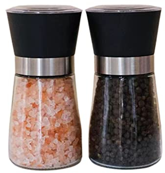 Moulins à sel et à poivre rechargeables 2 voies grossièreté réglable moulins à poivre en verre épais bouteille d'épices (noir)