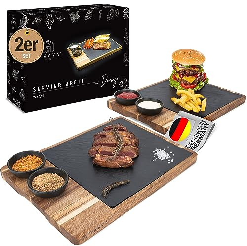 LIKAYA® Lot de 2 planches de service XXL « Domingo » en bois d'acacia FSC® avec plateau en ardoise et bols à sauce, planche à barbecue, accessoires de barbecue et cadeau pour steak, hamburgers et