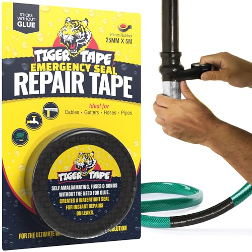 Tiger Tape® Emergency Self-Fusing Plumbers Repair Tape – Waterproof, Self-Amalgamating & Self-Bonding – Stops Leaks Fast | Ideal for Plumbing, Electrical, Automotive & Marine Use – Black, 25mm x 5m