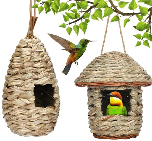 2 Piezas Nido Pájaros Tejidas a Mano, Exterior Colgante, Hierba Natural, Casa para Pájaros Pequeños (Oval+Round)