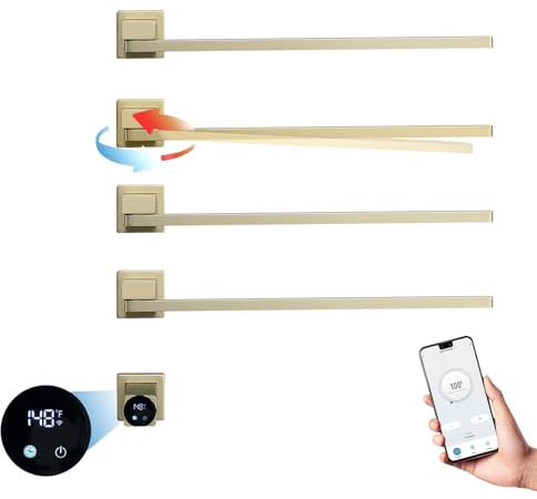 Radiateur Sèche-Serviettes Électrique avec 4 Barres Porte-Serviettes électrique Or Brossé à 180°, 75W 51 * 70cm Mural Chauffe-Serviettes Intelligent, écran LED, contrôle Tactile, minuterie