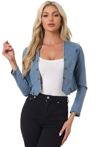 Allegra K Denim Collarless Cropped Jackets for Women's Open Front Jean Cardigan Bolero Shrug Medium Blue