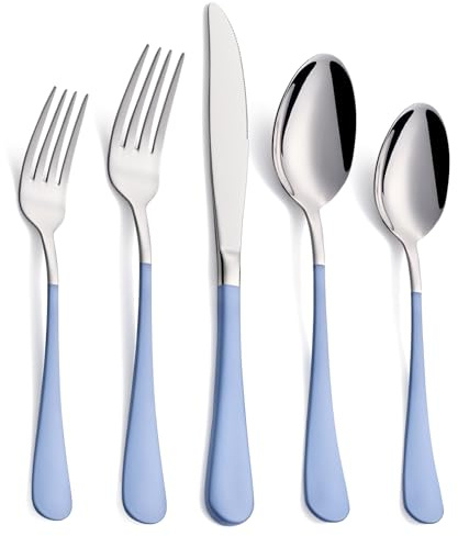 Moxinox 20-Piece Grey Blue Silverware Set, 18/0 Stainless Steel Grey Blue Handle Flatware Set, Service for 4,Modern Cutlery Set Includes Dinner Knives Forks Spoons,Mirror Polished,Dishwasher Safe