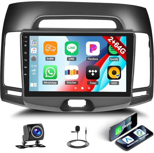 [2+64G]Android 15 Car Stereo for Hyundai Elantra 2007 2008 2009 2010 with Wireless Carplay&Android Auto,9 Inch Touch Screen Car Radio with GPS WiFi Bluetooth FM/RDS Radio SWC AUX-in+AHD Backup Camera