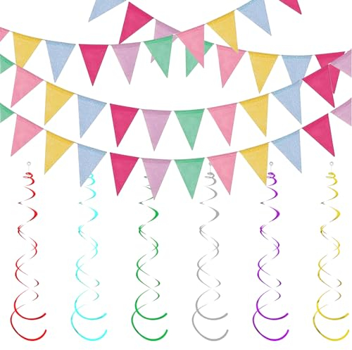 YOUNGSAY Lot de 4 guirlandes de fanions de 16 m, en tissu imitation lin, résistantes aux intempéries, pour l'extérieur, avec 6 spirales décoratives, convient pour la décoration de fête de vacances