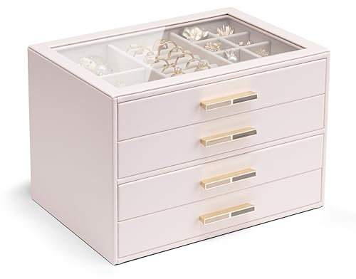 Vlando Jewellery Box with Glass Lid, 4-Tier Jewellery Organiser, Jewellery Storage with 4 Drawers for Watches,Sunglasses, Gift for Women, For Ring, Necklace, Earring, Bracelet(Pink)