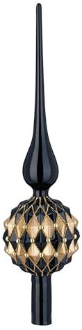 Julgransspets, glas, 31 cm D = 8 cm – glänsande och med ornament – julgranspynt, svart – ebony svart