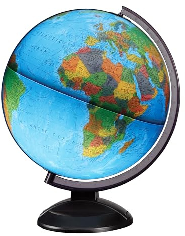 Replogle Ready to Assemble Illuminated World 12 Diameter Globe, USA Cartography, Modern Acrylic Stand and Blue Ocean Globe Ball. Easy to assemble globe that shows both Political and Vegetative information including political borders and provincial borders, major ocean currents, detailed lakes, rivers, tributaries and canals. (Illuminated)