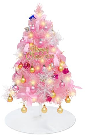 Mini Albero di Natale Rosa, Piccolo albero di Natale rosa, Mini albero di Natale con Luci a LED e Decorazioni Natalizie, Albero di Natale Artificiali, per Natale Decorazioni Tavola