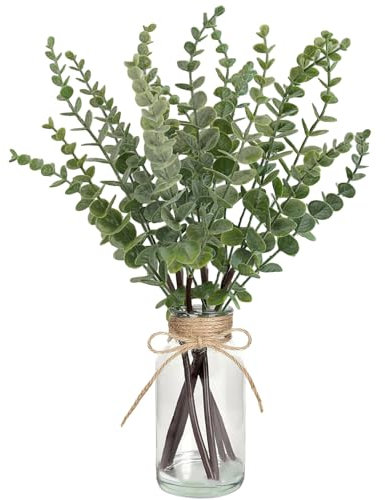 Artificial Plants Eucalyptus Branch in Glass Vase, 17.3” Fake Plant Greenery Stems Leaves Branches Faux Eucalyptus Stems for Home Office Farmhouse Wedding Table Centerpiece Décor