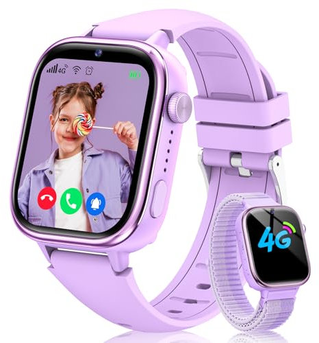 Sanorum 4G Montre Connectée Enfant, Étanche IP68 Smartwatch Téléphone Enfant avec GPS, Appel, Fonction SOS, Appel Vidéo, Mode Classe, Podomètre, Appareil Photo, Réveil pour Filles et Garçons Violet