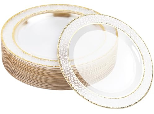 MATANA 80 Premium Clear Plastic Dinner Plates with Hammered Gold Rim, 26cm - Elegant, Sturdy & Reusable - Weddings, Birthdays, Christenings, BBQ, Christmas, Parties