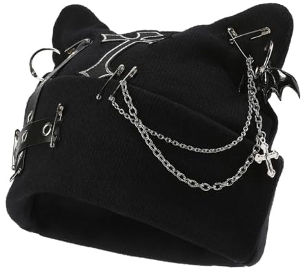 Calkkrer Bonnet en Tricot Noir avec Oreilles de Chat Style Goth, Beanie Grunge pour Femmes Look Y2K, Accessoire Streetwear pour Tenues alternatives