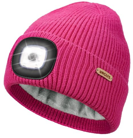 Wmcaps Upgraded Kids LED Lighted Beanie with Thick Warm Lining, Soft and Cozy Winter Hat with a Light Built in, Rechargeable Type-C Head Torch Hat, Gifts for Boys Girls Rosy Red