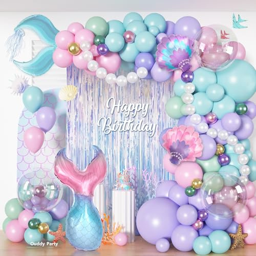 Mermaid Balloon Garland Arch Kit, 142Pcs Pastel Pink Teal Blue Purple Green Clear Balloons Mermaid Tail Seashell Foil Balloon Fringe Curtain for Birthday Baby Shower Ocean Themed Summer Party Decor